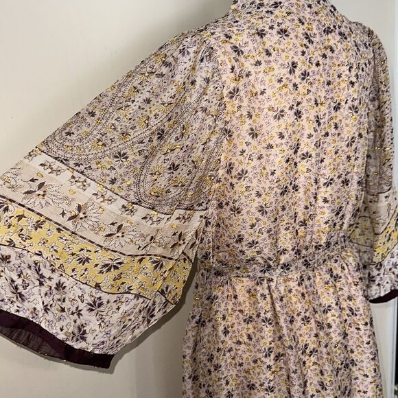 Ann Taylor XL Beige Plum Gold Lurex Paisley Floral Border Balloon Sleeve Dress - Picture 11 of 16